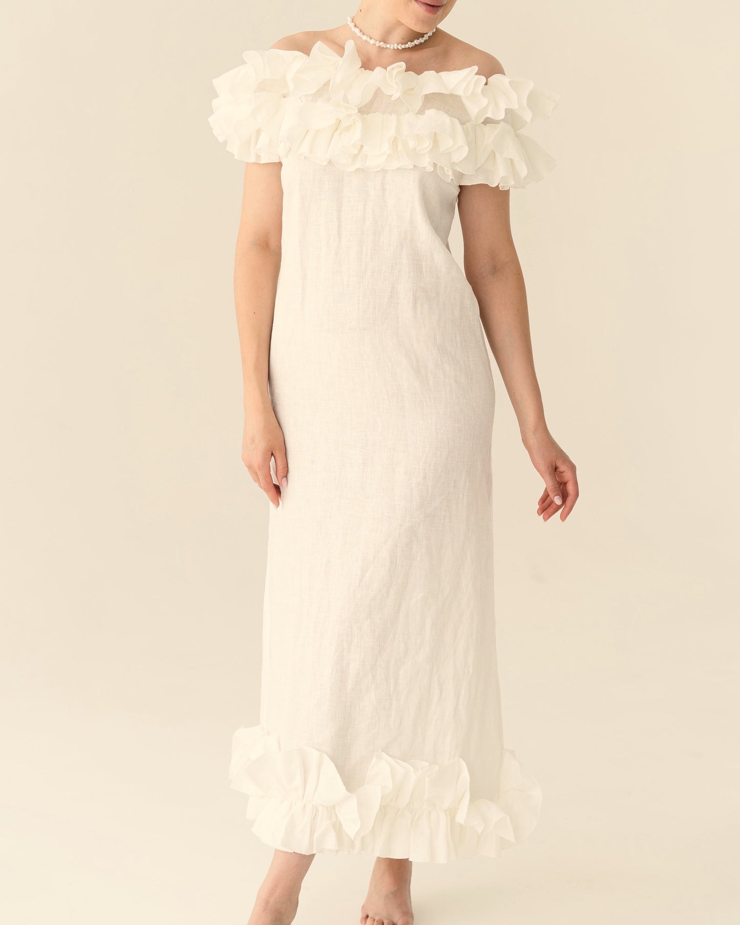 White Linen Ruffle Dress
