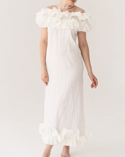 White Linen Ruffle Dress